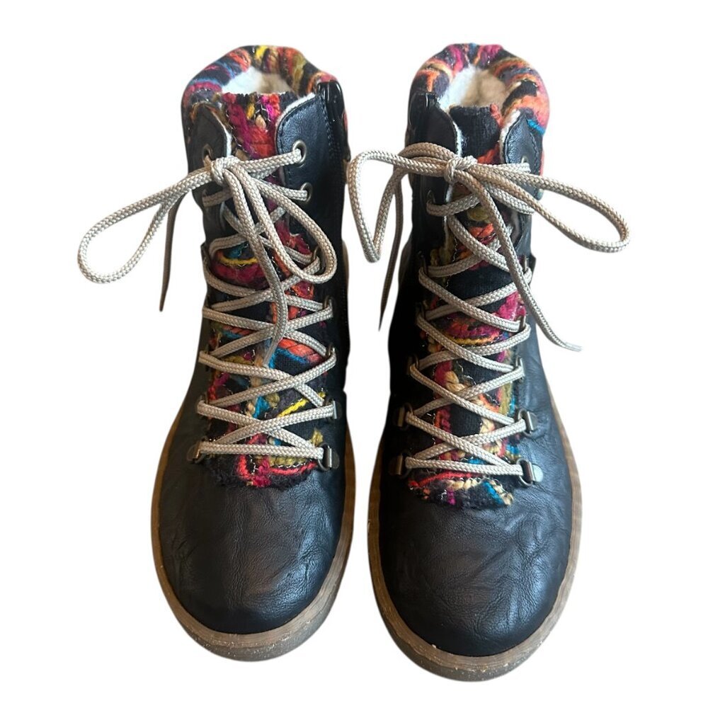 Rieker Black Leather Lace-Up Ankle Boots with Colorful Knit Cuff - Picture 3 of 12